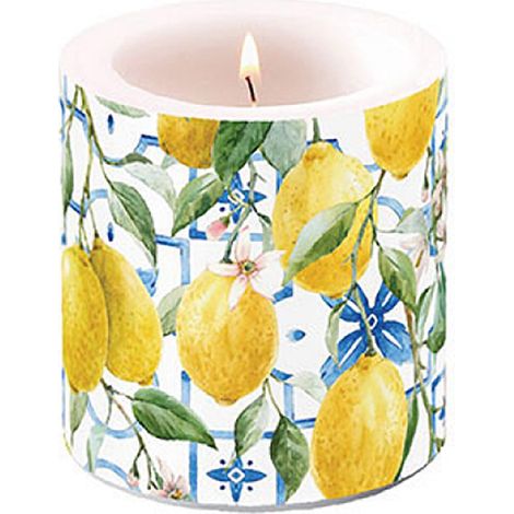 Bougie pilier en paraffine 7,5 x 9 cm avec motif citron – Durée de combustion 35 h et sans parfum – Bougie de table – Bougie cylindrique – Décoration printemps, été, jardin – Bougie