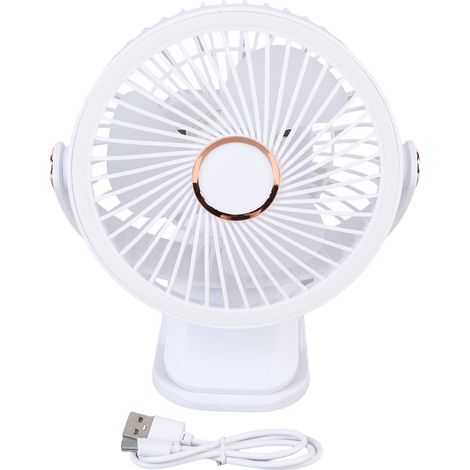 Petit ventilateur de bureau avec pince, 5 vitesses, 3 niveaux de luminosité, rotation à 720°, rechargeable, lumière blanche. (1/5)