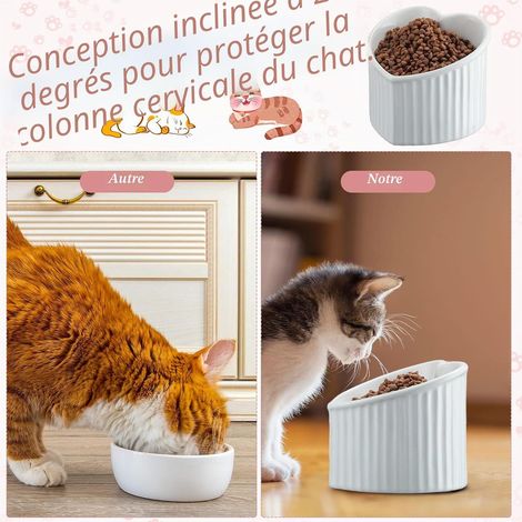 Lot de 2 gamelles en céramique pour chats – Design incliné anti-vomissements pour chats d'intérieur – Forme de cœur, réduit le stress (Rose, Blanc) (1/5)