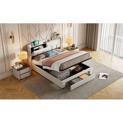 Lit double 160x200 cm en velours beige, sommier à pression avec tiroirs de rangement intégrés, liseuse LED et prise USB intégrée, chargeur UE, meuble lit moderne (1/5)