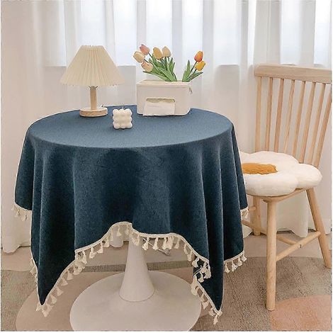 Nappe ronde en coton et lin avec franges lavable couleur unie pour la décoration de la cuisine et de la salle à manger - 60 x 90 cm - Bleu foncé (1/5)