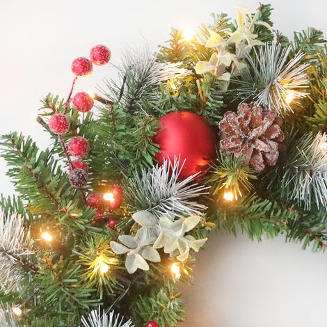 Guirlande de Noël Pré-Éclairée 40 cm, 20 LED Chaleur, Feuillage Vert, Cône Pin, Baies et Boules Décoratives pour Porte et Intérieur-KZQ (1/2)