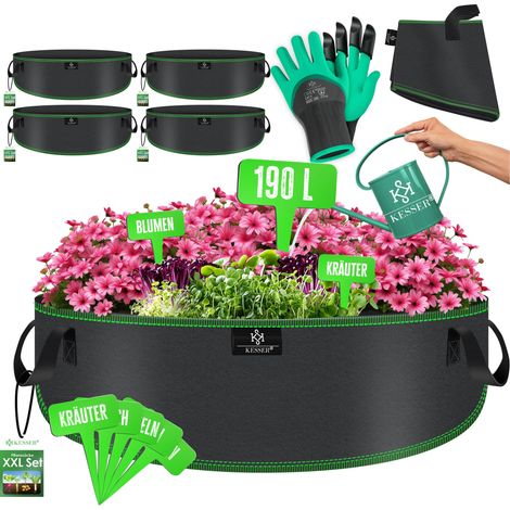 KESSER® Pflanzsack 190 Liter - 4er Set aus Vlies mit Namensschildern, Sichtfenster & Griffen – ideal für Gemüse, Blumen & Obst  - Schwarz