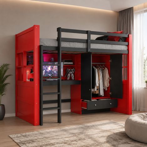 Cama alta juvenil (205x100.5x174 cm), con escritorio, armario y cajones, con LED y enchufes, madera, negro y rojo (1/5)