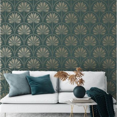Holden Teal Metallic Gold Tropical Palm Trees Leaves Feature Wallpaper (1/5)