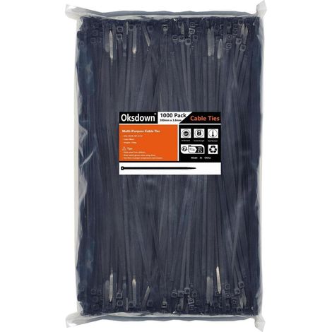 Kabelbinder Schwarz 300mm x 3,6mm, 1000 Stück, UV-beständig, Nylon 6.6, 18,2kg Zugfestigkeit (1/4)