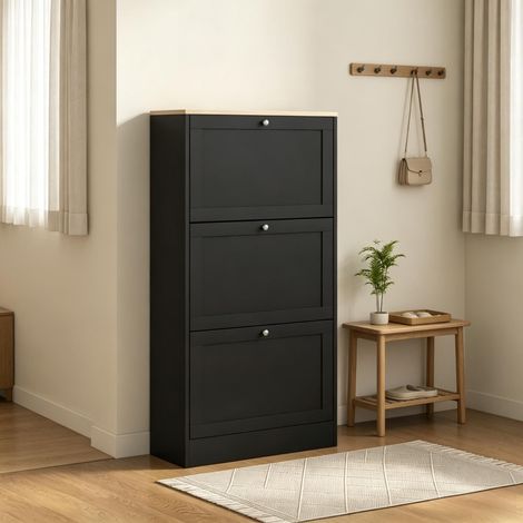 Meuble à chaussures scandinave à 3 portes battantes, pouvant contenir 18 paires de chaussures, aspect bois noir (meuble à chaussures uniquement) (1/5)