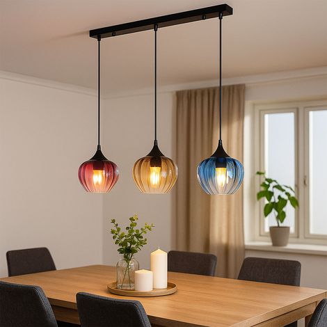 Lampada a sospensione a 3 fiamme per sala da pranzo Lampada a sospensione in vetro retrò per soggiorno, rosso ambra blu, 3x E27, LxH 80 x 150 cm