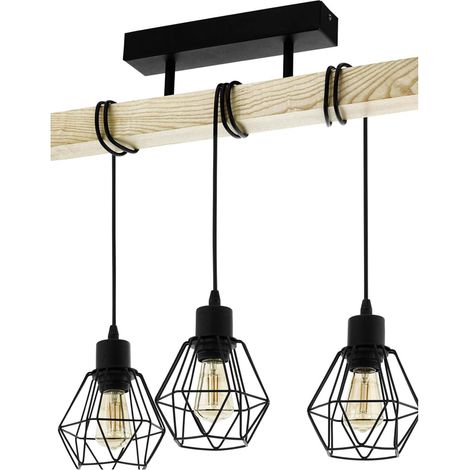 Suspension luminaire, lustre à 3 lampes, abat-jour suspendus au design vintage et industriel, éclairage rétro en acier noir et bois, douille E27 (1/5)