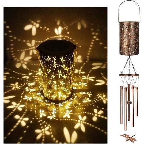 Jolie lanterne solaire Dragonflys - Cloche à vent - Lumière décorative - Art en fer - Lanterne à vent - Un cadeau lumineux décoratif LED portable pour les amis. (1/4)