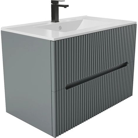 Meuble de salle de bain strié suspendu avec vasque à encastrer et robinet - Gris - 80 cm - PAVANI (1/5)