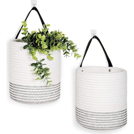 Lot de 2 paniers suspendus - 20 x 18 cm - Petit panier tressé en corde avec motif fougère - Décoration murale bohème pour plantes et fleurs (1/5)