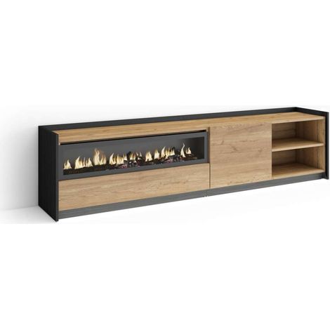Mueble TV Moclinejo-02 de 207x50x37 cm con chimenea y luces LED, color roble y negro (1/4)