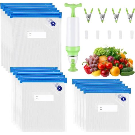 15 Pièces Sacs Sous Vide Alimentaire Réutilisables Congelation Stockage 3 Tailles Avec 1 Pompe À Main, 5 Clips D'étanchéité et 4 Clips Sous Vide Pour Le Stockage Des Aliments et La Cuisson (1/5)