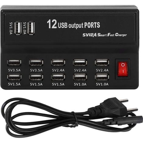 Parasurtenseur 12 Ports Multiples avec Chargeur Rapide Station USB 100-240V Concentrateur de Charge USB International avec Cordon et cosse Plate pour appareils Multiples (1/5)