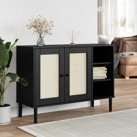 Buffet 2 portes en pin massif aspect rotin noir 112 x 40 x 80 cm - PANGIVO (1/5)