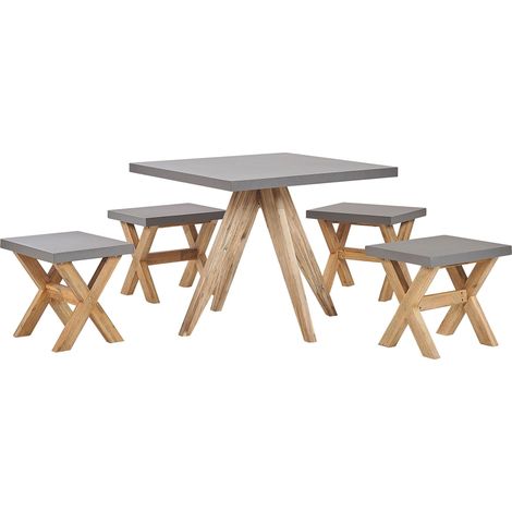 Set da Giardino con Tavolo Quadrato e 4 Sgabelli in Cemento Grigio e Base in Legno di Acacia Olbia
