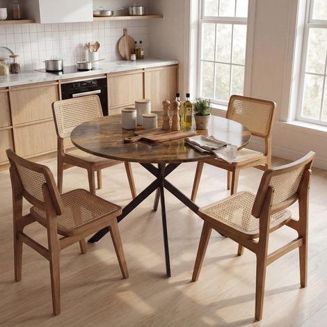 Table à manger ronde 100 cm industrielle en bois et acier, rustique marron HAVRYA (1/5)