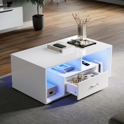 SONNI Mesas de Centro LED Mesas Bajas Fijas con 2 Cajones Blanco 100x55x40cm Alto Brillo Gran Almacenaje Mesa de Salón (1/5)