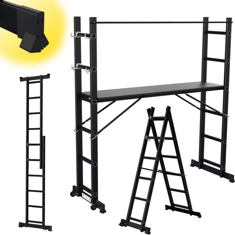 TolleTour Ponteggio multifunzionale in alluminio a 6 gradini, nero, con piattaforma e rotelle, portata 150 kg (1/5)