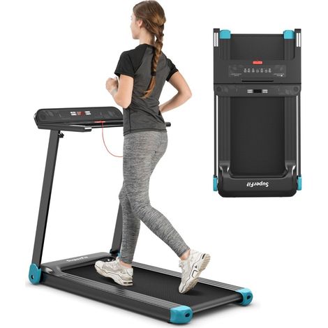 Tapis roulant pieghevole per la casa con altoparlante Bluetooth, display LED e supporto per dispositivo blu navy