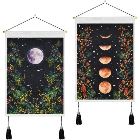 2 Pièces Tapisserie Glands Lune Mur Art Coton Lin Fleur Tapisserie Décoration de La Maison 35x50cm Noir-Fei Yu (1/5)