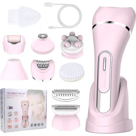 Épilateur 7-en-1 pour femme – Rose – IPX7 – Sans fil – Bikini, visage, corps – Brosse et massage inclus (1/5)
