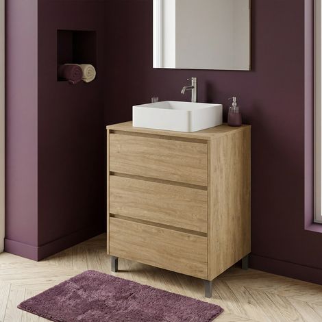 Meuble vasque à poser L.60cm sur pied 3 tiroirs Chêne naturel LISBONA - sans colonne (1/5)