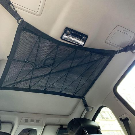 Red de almacenamiento para el techo del coche, organizador multifuncional con cremallera, bolsa de equipaje universal para cuatro reposabrazos de techo para SUV y furgonetas (con cordón ajustable). (1/5)