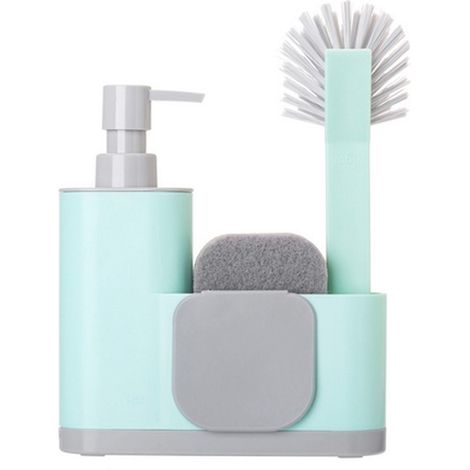 Vigar - Set Lavello - Spugna, Spazzola, Spatola e Dosatore di Sapone - 18,5 x 5 x 26 cm - Monoblocco - Serbatoio da 350 ml - No Stripe - Colore Turchese (1/4)