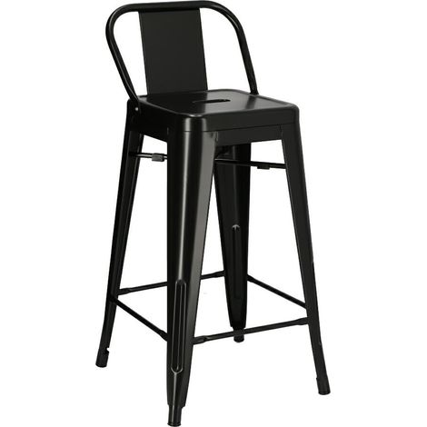 Tabouret de bar bas Paris Back 66 cm noir – Style industriel – Structure en métal – Dossier bas et repose-pieds – Embouts de protection (1/4)