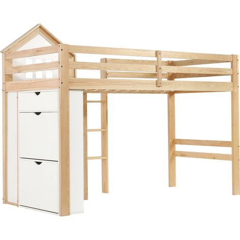 Kinder-Hochbett 90x200 cm mit Stauraum, 3 Schubladen, Holz weiß und natur (1/5)