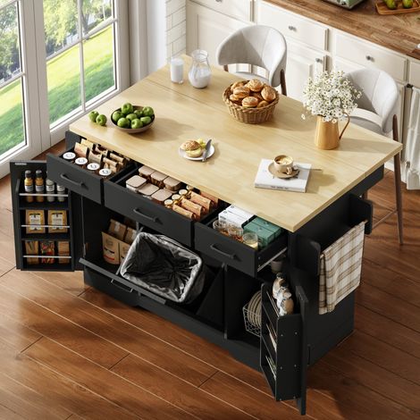 Isola da cucina 120x45x87 cm nera in MDF con piano ribaltabile e vano portarifiuti (1/5)