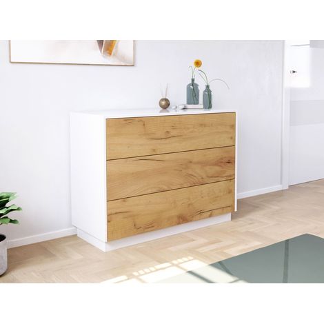 Sideboard Kommode Hero B stehend 100cm 3 Pushauszüge Weiß Hgl Eiche (1/5)