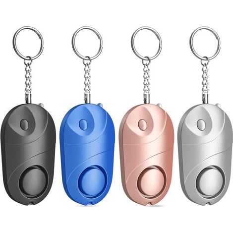 Vierteiliges persönliches Sicherheitsalarm-Set – LED-Leuchten/Kompakte Notfall-Schlüsselanhänger – Diebstahlschutz – Schwarz/Blau/Roségold/Silber (1/5)