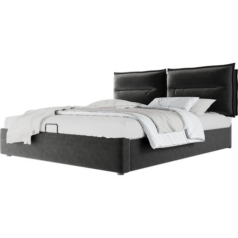 Letto matrimoniale imbottito 140x200 cm in velluto nero con contenitore e testiera regolabile (1/5)