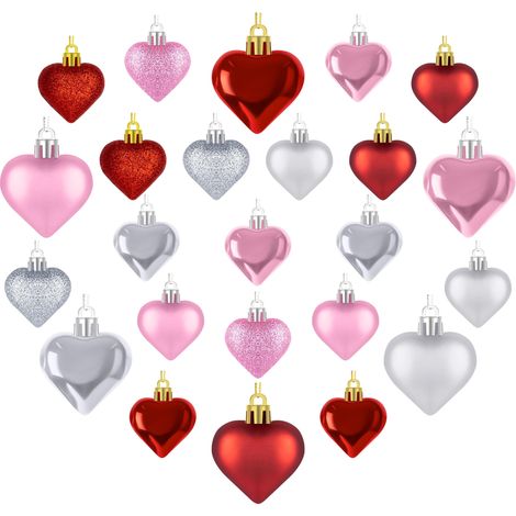 24 décorations en forme de cœur pour la Saint-Valentin, boules à suspendre classiques rouges, roses et argentées