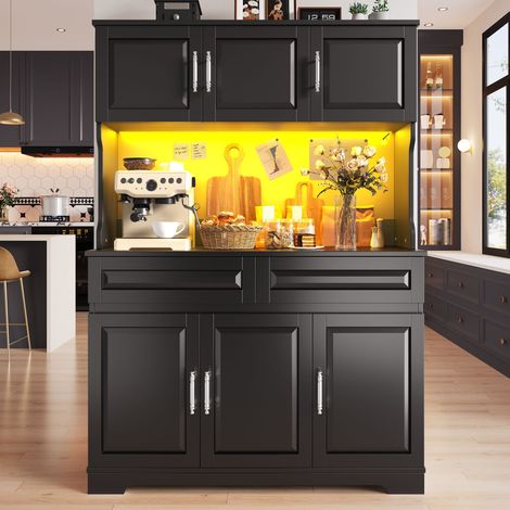 Armoires de cuisine (108×40×180cm), armoire haute avec commande par application, étagères réglables, espace de rangement avec plan de travail pour cuisine et salle à manger, buffet avec éclairage LED, (1/5)
