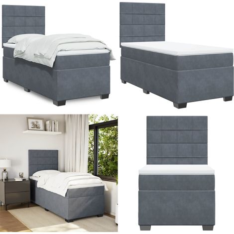 Cama box spring con colchón terciopelo gris oscuro 90x200 cm - Colchón de muelles - Cama con cabecero