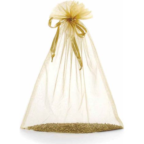 Sacchetto in organza oro con coulisse di chiusura in raso . Una soluzione raffinata e veloce, set da 20 pezzi, cm 30x40H (al tirante 32,5)