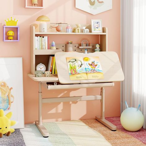 Bureau d'Étude pour Enfants avec Bibliothèque et Tiroir, Table Réglable en Hauteur avec Plateau Inclinable, Support de Livre et Porte-stylo, Naturel (1/5)
