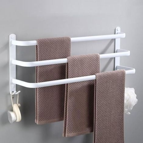 Porte-Serviettes Mural avec 2 Crochets Porte Serviettes Salle de Bain Etagères Serviette en Aluminium Blanc 3 Couche 40cm (1/5)