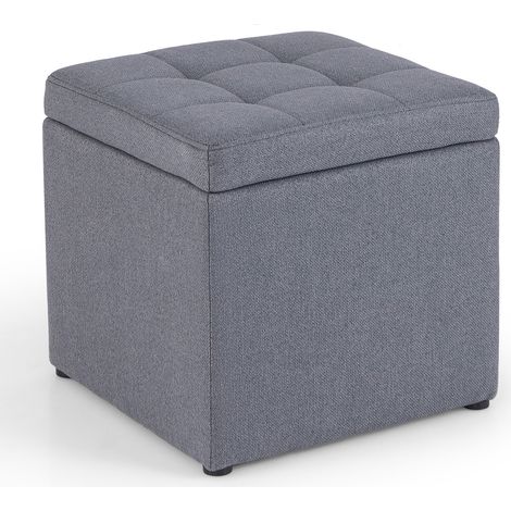 COSTWAY Square Storage Ottoman Linen Fabric Upholstered Footstool-Grey (1/5)