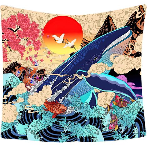 Japonais Ukiyo-e Tapisserie Vague Mer Koi Tapisserie Murale Grande Baleine Animal Coucher Du Soleil Paysage Tapisserie Tenture Murale Décoration Pour Chambre Salon(Vague, 150cm x 200cm)couleur, une pi (1/5)