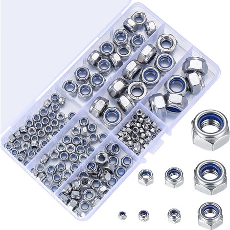 Lot de 200 écrous de sécurité en acier inoxydable - Écrous autobloquants M3 M4 M5 M6 M8 M10 M12 - Inserts filetés hexagonaux - Différents écrous de sécurité en nylon (1/5)
