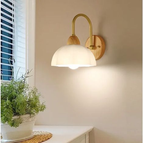 Moderne, dekorative Wandleuchte aus Metall und Holz, E27-Fassung, Wandleuchte für Flur, Korridor, Nachttisch, Arbeitszimmer, mit elegantem weißen Glasschirm, B (1/5)