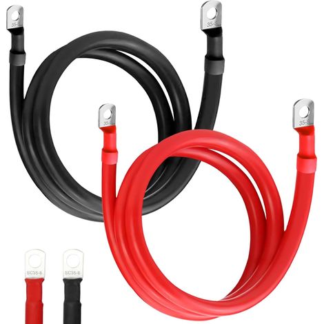 Lot de 2 câbles de batterie 35 mm²/2 AWG - En cuivre sans oxygène - Rouge et noir - 100 cm - Câble de batterie 12 V - Câble de batterie 35 mm² - Avec bornes à anneau M8 - 12 V - Pour voitures, motos (1/5)