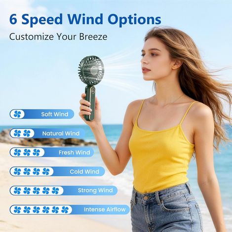 Mini Ventilateur a Main Portable, 6 Vitesses Avec Base USB Rechargeable, Réglable, Silencieux Ventilateur de Poche pour Été, Voyage, Extérieur, Bureau, Déplacement, Camping
