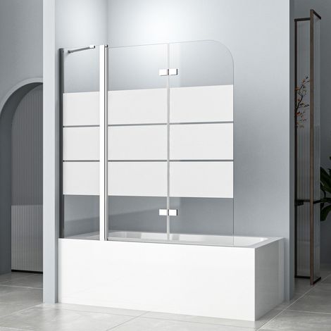 WDWRITTI Duschwand für Badewanne 140x140 cm Badewannenaufsatz 3-teilig Duschtrennwand für Badewanne Duschwand Badewanne Faltwand Duschabtrennung Badewanne, 6mm ESG Glas mit Milchglas Streifen