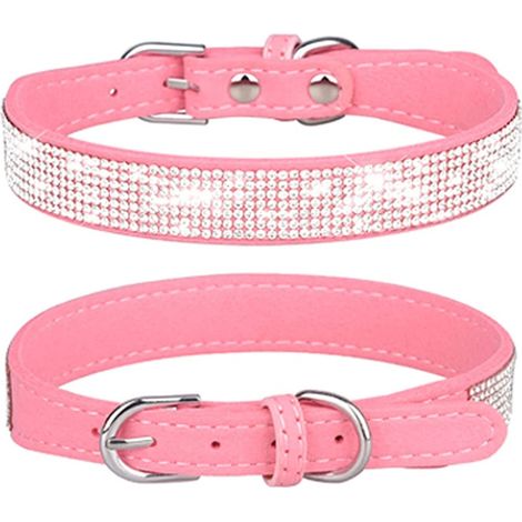 Collier pour petit chien, collier ajustable en cuir daim pailleté, collier pour chien rose, collier pour chat, collier pour chien avec strass (petit, rose) (1/5)
